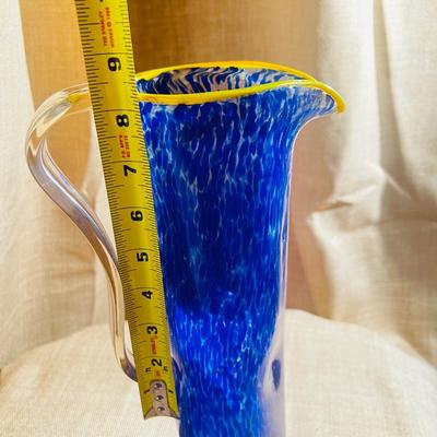 Nouveau Art Glass Pitcher Blue Cobalt Tall Hand Made