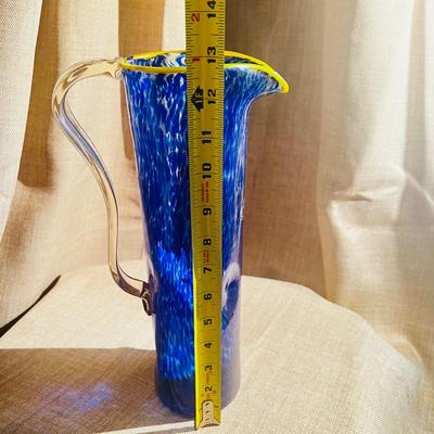 Nouveau Art Glass Pitcher Blue Cobalt Tall Hand Made