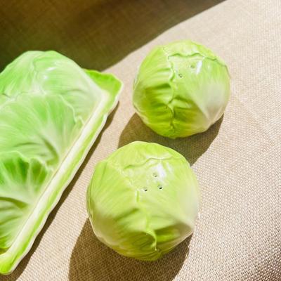 Mid Century Ceramic Cabbage Butter Dish Salt & Pepper Shaker