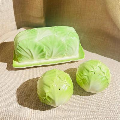 Mid Century Ceramic Cabbage Butter Dish Salt & Pepper Shaker