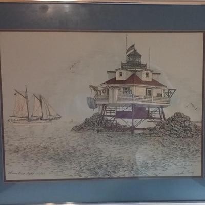 Artist signed Martin Barry Framed Matted Watercolor Thomas Point Lighthouse