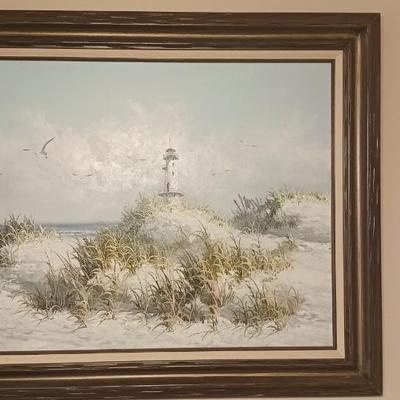 Signed Gordon Oil on Board Seascape Lighthouse Seagulls
