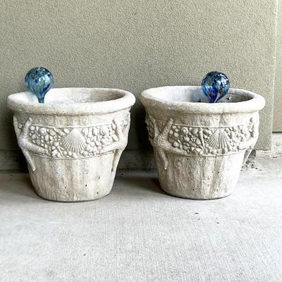 Pair (2) ~ Cement Seashore Planters With Glass Watering Balls