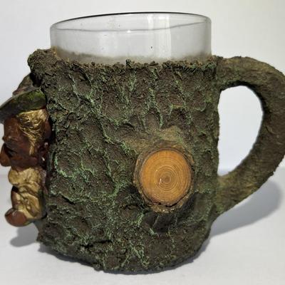 Antique/Vintage Carved Wooden Hand Painted Overlay Mug/Glass 5-1/8" Tall in Good Preowned Condition.