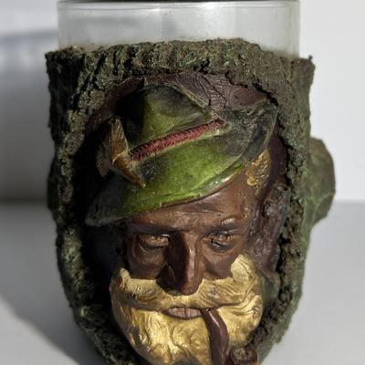 Antique/Vintage Carved Wooden Hand Painted Overlay Mug/Glass 5-1/8" Tall in Good Preowned Condition.
