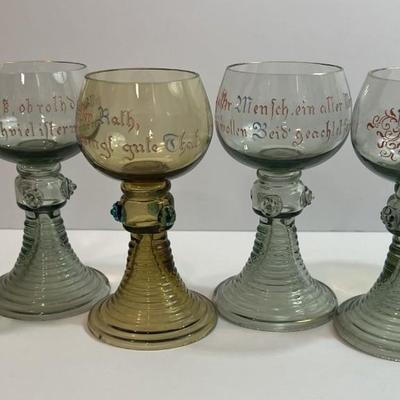 Vintage Set of 6 German Wine Goblets with Different Sayings in VG Preowned Condition.