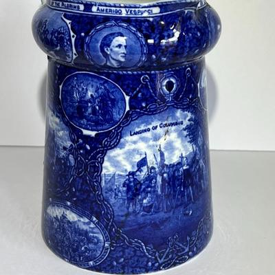 ROWLAND MARSELLUS HISTORICAL POTTERY PITCHER IN BLUE & WHITE WITH VIGNETTES OF VARIOUS HISTORICAL SCENES INCL WILLIAM PENNS TREATY,...