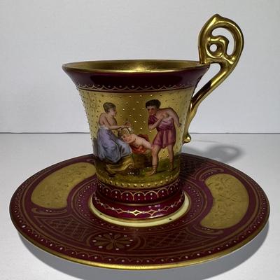 Antique RARE Royal Vienna Beehive Red/Gold Cameo Teacup & Saucer c1875 3" Cup & 4-1/8" Saucer in VG Preowned Condition.