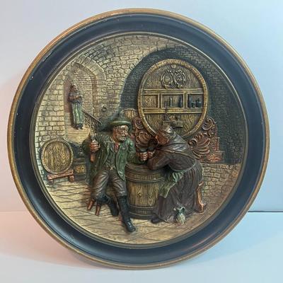 Very Rare Terracotta Men in the Pub/Wine Cellar 13-1/4" Plate by Johann Maresch Austria 1840 in VG Preowned Condition.