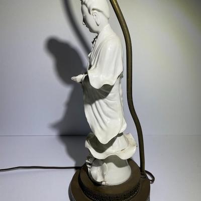 Vintage Blanc de Chine Chinoiserie Figural White Porcelain Table Lamp 15.5" Tall w/No Shade as Pictured.