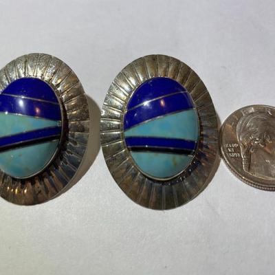 Vintage Southwest Sterling Silver Lapis & Turquoise Inlaid Post/Stud Earrings in VG Preowned Condition.