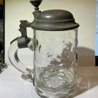 Vintage German Libby Style Dimple Glass Beer Mug/Stein w/Pewter Lid in VG Preowned Condition.