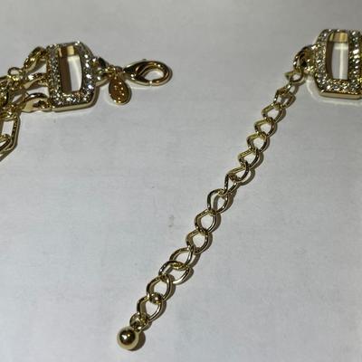 New Never Worn OPC Designer Triple Strand Gold-tone Necklace w/Rhinestone clasp Area in Very Good Condition as Pictured. (Jewelry #60).