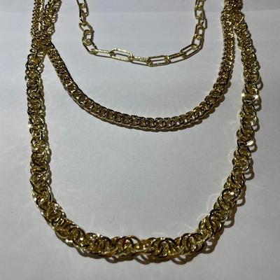 New Never Worn OPC Designer Triple Strand Gold-tone Necklace w/Rhinestone clasp Area in Very Good Condition as Pictured. (Jewelry #60).