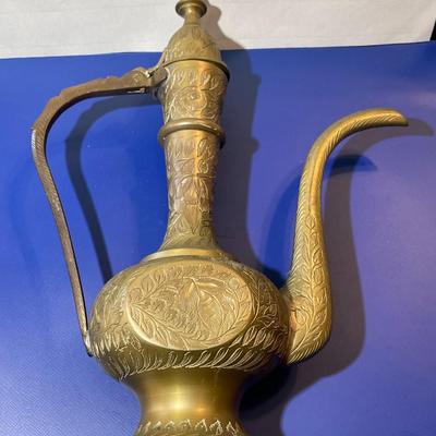 Vintage Solid Brass Etched Detail Oil or Tea Pitcher 9.35" Tall in Good Preowned Condition as Pictured.