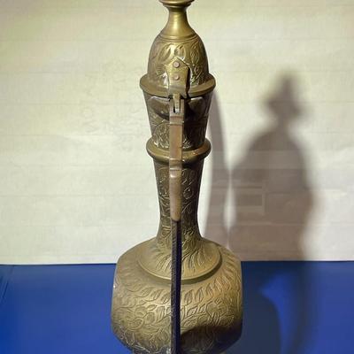 Vintage Solid Brass Etched Detail Oil or Tea Pitcher 9.35" Tall in Good Preowned Condition as Pictured.