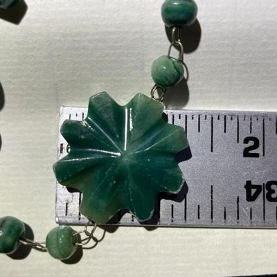 Vintage Etched Mexican Green Onyx Stone Necklace 26" Long w/Aztec Sun God Pendant in Good Preowned Condition.