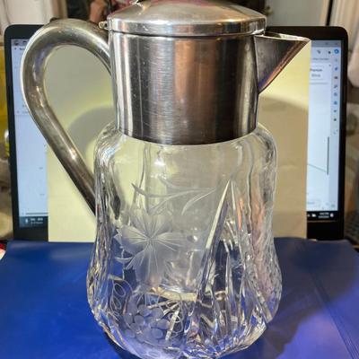 VINTAGE Cut Glass Silver Plate Wine Pitcher 9" Tall w/Ice Insert Cooler German Made in VG Preowned Condition.
