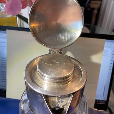 VINTAGE Cut Glass Silver Plate Wine Pitcher 9" Tall w/Ice Insert Cooler German Made in VG Preowned Condition.