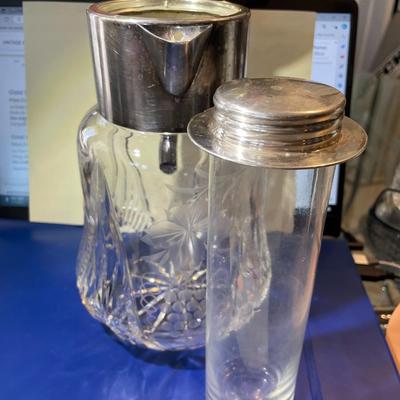 VINTAGE Cut Glass Silver Plate Wine Pitcher 9" Tall w/Ice Insert Cooler German Made in VG Preowned Condition.