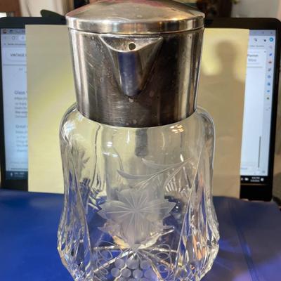 VINTAGE Cut Glass Silver Plate Wine Pitcher 9" Tall w/Ice Insert Cooler German Made in VG Preowned Condition.