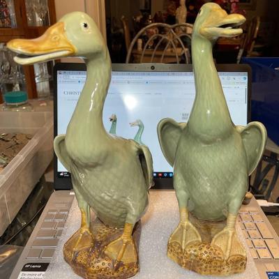 VERY RARE PAIR OF ASIAN CELADON-GLAZED FIGURES OF DUCKS 12" TALL IN VERY GOOD PREOWNED CONDITION.