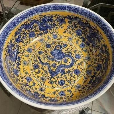Very Heavy Kangxi Mark Dragon Bowl 15.25" Diameter in VG Preowned Condition with NO Damages from an Estate as Pictured. Very Heavy...