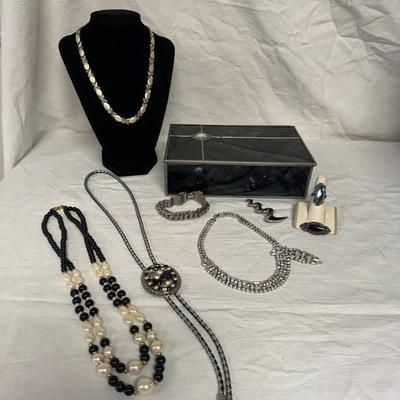 Black Glass Box and Silver Jewelry (LR- TF)