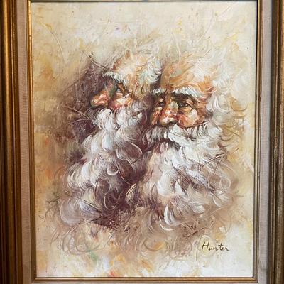 VINTAGE HUNTER SIGNED ABSTRACT DOUBLE SANTA FACES OIL/ACRYLIC ON CANVAS PAINTING FRAME SIZE 24" x 28.5" IN GOOD CONDITION.