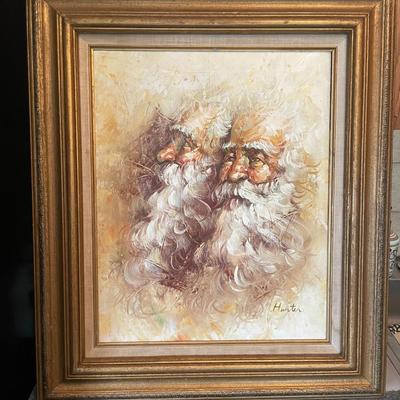 VINTAGE HUNTER SIGNED ABSTRACT DOUBLE SANTA FACES OIL/ACRYLIC ON CANVAS PAINTING FRAME SIZE 24" x 28.5" IN GOOD CONDITION.