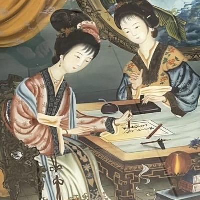 Pair of Vintage Chinese Reverse Glass Paintings 19.5" x 27.25" Preowned from an Estate Cleanout in VG Condition.