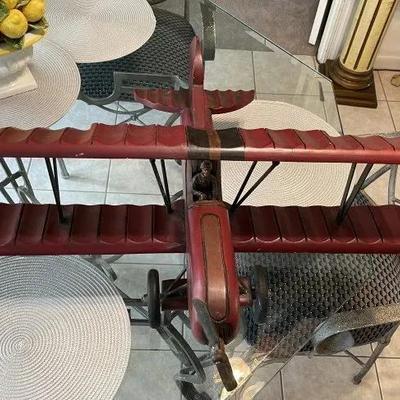 Vintage Large Wooden Carved Biplane w/Red Baron Fighter Pilot Believed to be Made in Lancaster Pa. 30" Wide x 27" Long x...