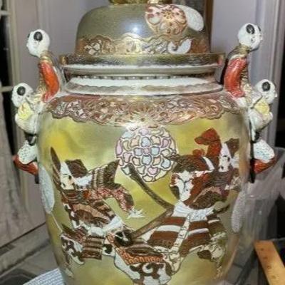 UNIQUE Japanese Satsuma Meiji Period Earthenware Footed Jar/Vase Samurai Warriors in Battle c1870 19" Tall Preowned from an Estate.