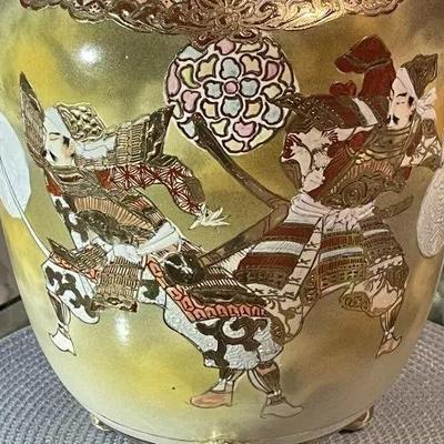 UNIQUE Japanese Satsuma Meiji Period Earthenware Footed Jar/Vase Samurai Warriors in Battle c1870 19" Tall Preowned from an Estate.