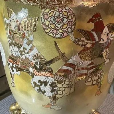 UNIQUE Japanese Satsuma Meiji Period Earthenware Footed Jar/Vase Samurai Warriors in Battle c1870 19" Tall Preowned from an Estate.