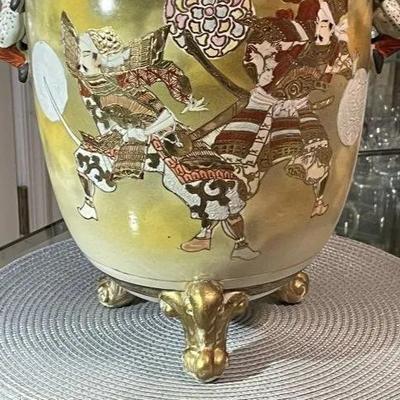 UNIQUE Japanese Satsuma Meiji Period Earthenware Footed Jar/Vase Samurai Warriors in Battle c1870 19" Tall Preowned from an Estate.