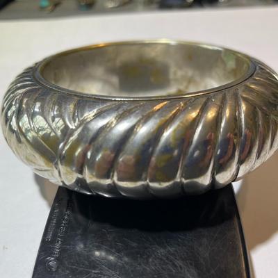 Heavily Worn Silver-tone over Brass Standard Size Bangle Bracelet 1" Wide...Some Silver Plating is Wearing Off as Pictured.