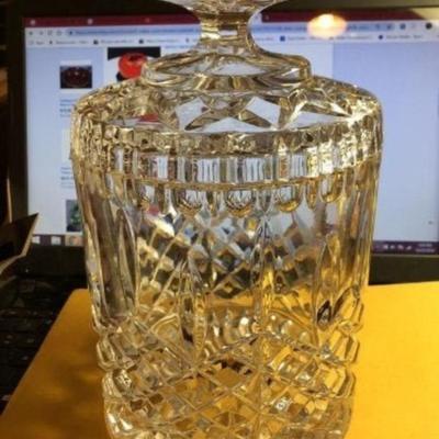 Vintage Mid-Century Large 9.5” Tall Leaded Pressed Glass Covered Bowl Very Heavy as Pictured.