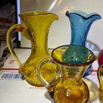 Vintage Hand-Blown Art Crackled Glass 4-Pitchers Vase & 1-Vase in VG Preowned Condition.