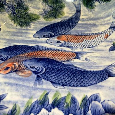 Japanese Mid-Century Modern Porcelain Koi Fishbowl 12.25" Diameter in VG Preowned Condition.