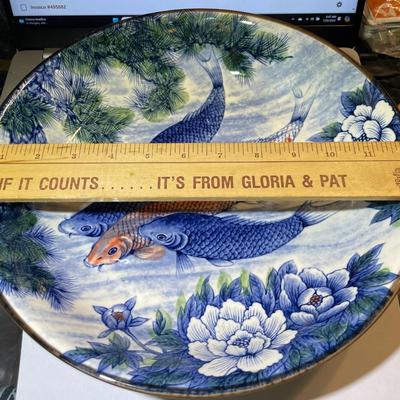 Japanese Mid-Century Modern Porcelain Koi Fishbowl 12.25" Diameter in VG Preowned Condition.