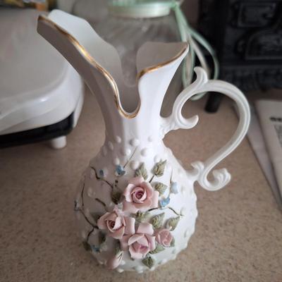 Lefton China Hand Painted White 3D Roses Pitcher