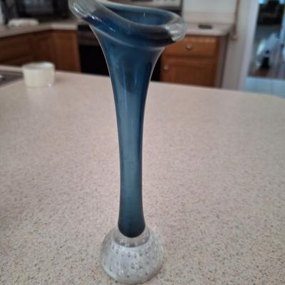 Vintage Blue Art Glass Vase Controlled Bubble Base