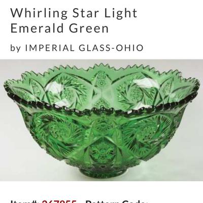 IMPERIAL GLASS ~ Whirling Star Light Emerald Green ~ Punch Bowl & Stand