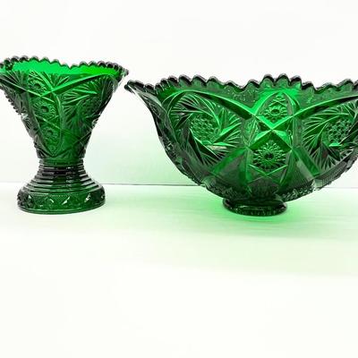 IMPERIAL GLASS ~ Whirling Star Light Emerald Green ~ Punch Bowl & Stand