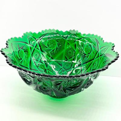IMPERIAL GLASS ~ Whirling Star Light Emerald Green ~ Punch Bowl & Stand