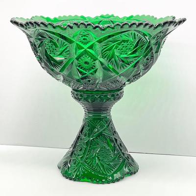 IMPERIAL GLASS ~ Whirling Star Light Emerald Green ~ Punch Bowl & Stand