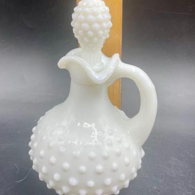Vintage AVON White Hobnail Milk Glass Cruet Bath Oil Perfume Bottle With Stopper