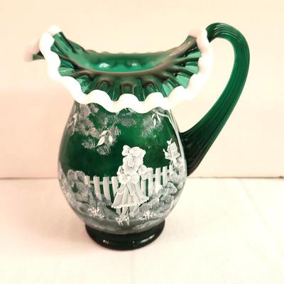 Lot #1 Fenton Mary Gregory Style Emerald Green Pitcher - retired 2010