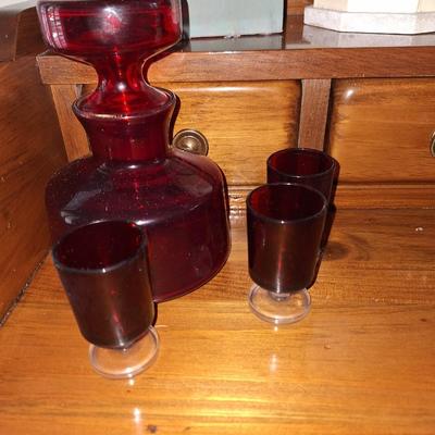 Ruby Red Decanter w/ 3 cups
